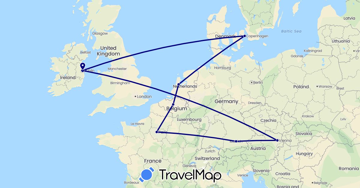 TravelMap itinerary: driving in Austria, Belgium, Germany, Denmark, France, Ireland, Netherlands (Europe)